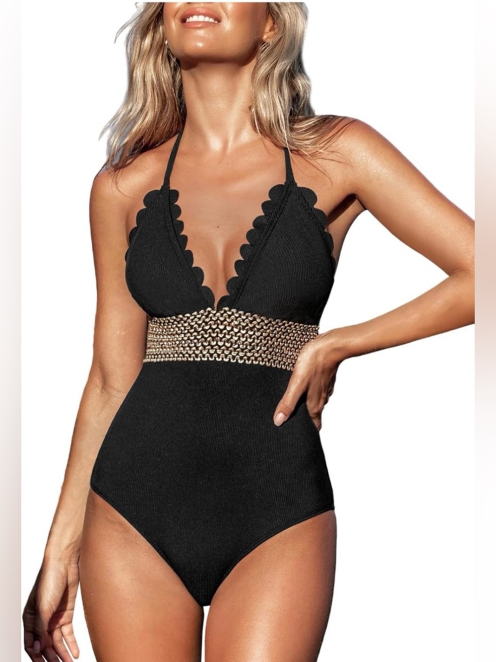 CUPSHE Women's One Piece Swimsuit Halter Back Tie Scalloped V Neck Textured